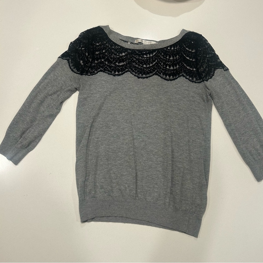 LC Lauren Conrad Gray Sweater with Black Lace Accent
